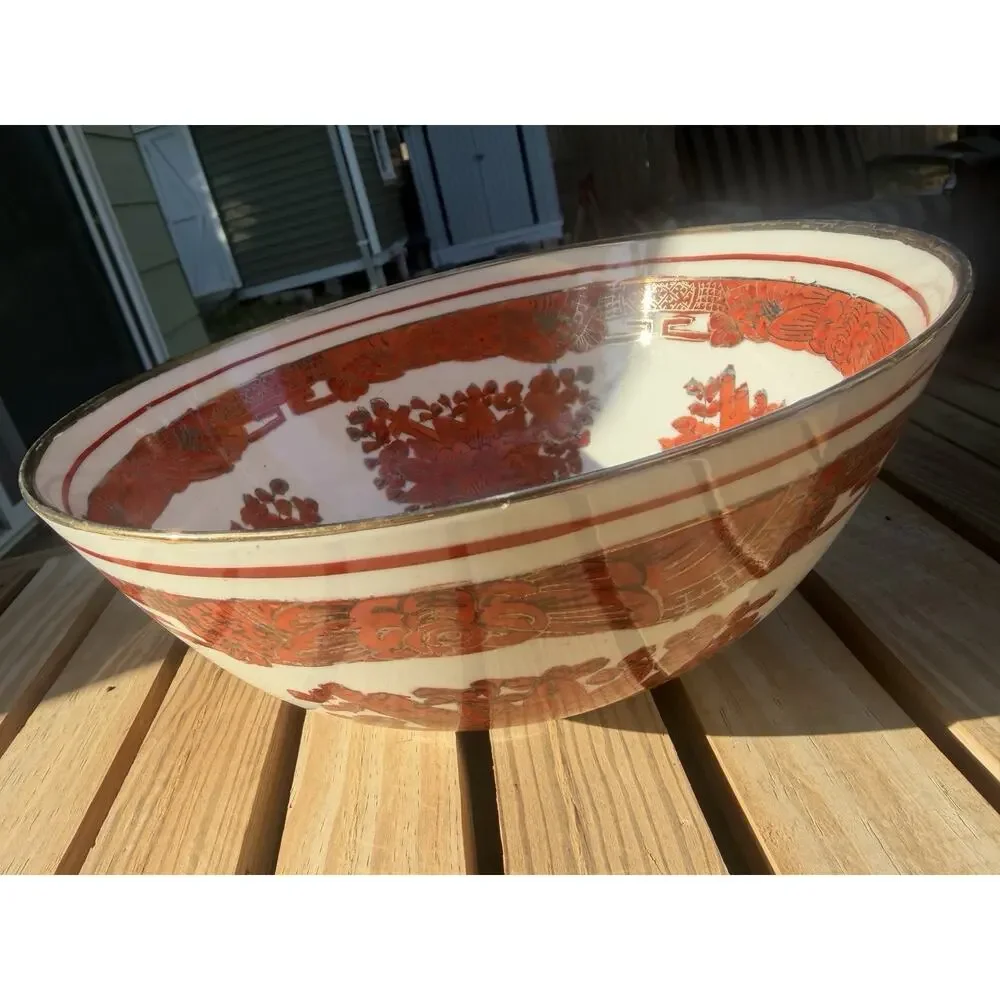 Japanese China MCM Bowl - Porcelain Hand Painted Red/Orange Gold Floral 10”